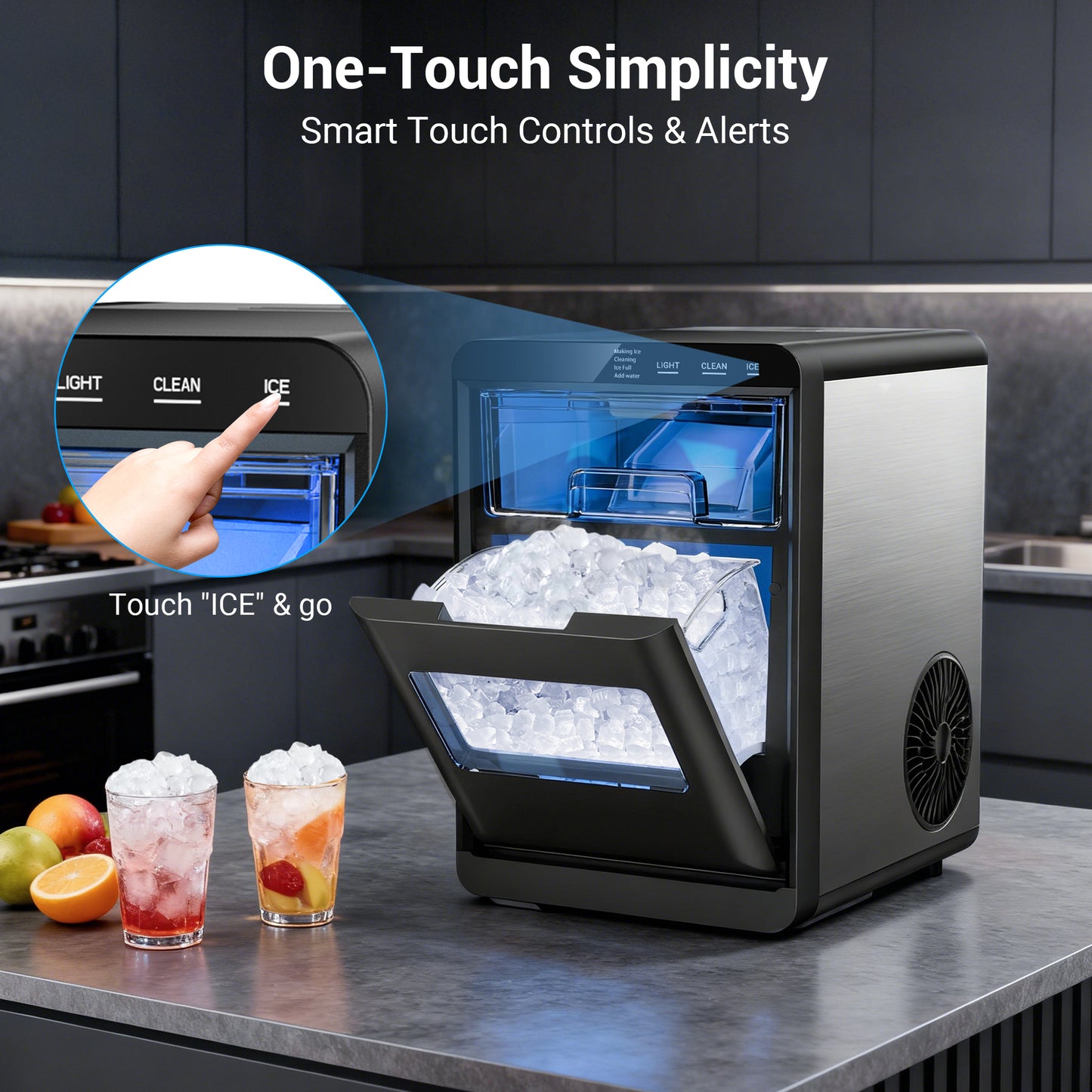 Snowyermine Nugget Ice Maker Countertop, 44lbs per Day Chewable Pebble Nugget Ice Machine with Touch Screen for Home, Kitchen, Office, Stainless Steel, Black