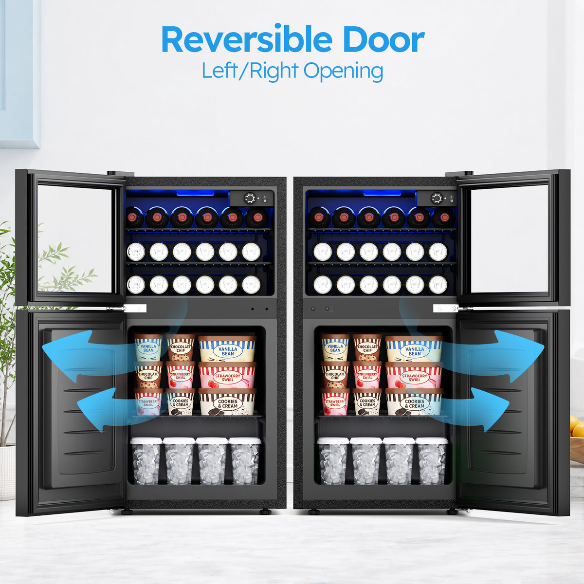 Snowyermine 2.6 cu.ft. Beverage Refrigerator with Freezer, Dual-Zone Mini Fridge with Glass Door and LED Light, Freestanding for Home, Office
