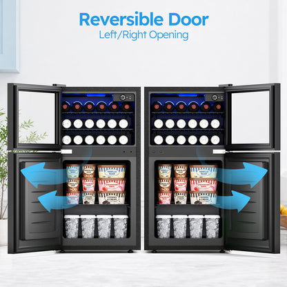 Snowyermine 2.6 cu.ft. Beverage Refrigerator with Freezer, Dual-Zone Mini Fridge with Glass Door and LED Light, Freestanding for Home, Office