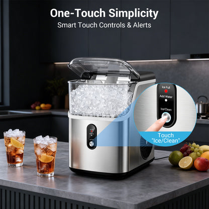 Snowyermine Nugget Ice Maker Countertop, 35 lbs per Day, Soft, Chewable Sonic-Style Pebble Ice, One-Touch Self-Cleaning, Stainless Steel, Silver, for Home, Kitchen, Office, RV and Camping