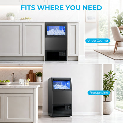 Snowyermine Commercial Ice Maker, 100 lbs/24H, Built-In & Freestanding, 33 lb Storage Bin, 6 Ice Thickness Levels, Black