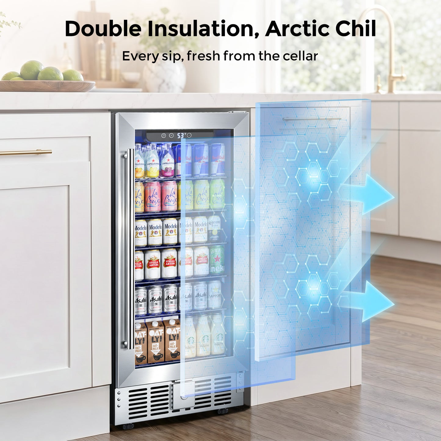 Snowyermine 15 inch Beverage Refrigerator - 2.9 Cu.Ft Built-in or Freestanding Soda & Beer Fridge with Digital Touch Control, Stainless Steel Glass Door & Security Lock