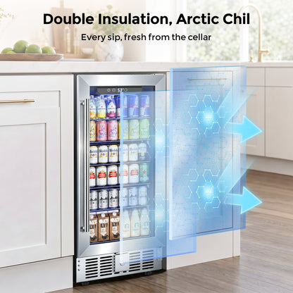 Snowyermine 15 inch Beverage Refrigerator - 2.9 Cu.Ft Built-in or Freestanding Soda & Beer Fridge with Digital Touch Control, Stainless Steel Glass Door & Security Lock
