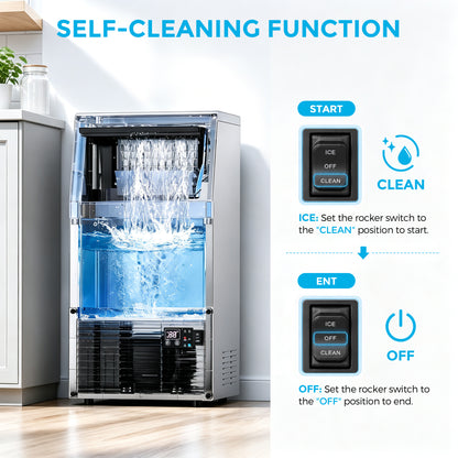 Snowyermine Commercial Undercounter Ice Maker, 100 lb Daily Output with 33 lb Ice Storage, Built-In or Freestanding Ice Machine, Self-Cleaning, Silver
