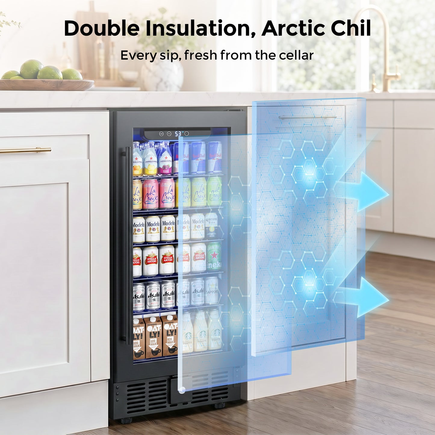 Snowyermine 15 inch Beverage Refrigerator - 2.9 Cu.Ft Built-in or Freestanding Soda & Beer Fridge with Digital Touch Control, Stainless Steel Glass Door & Security Lock