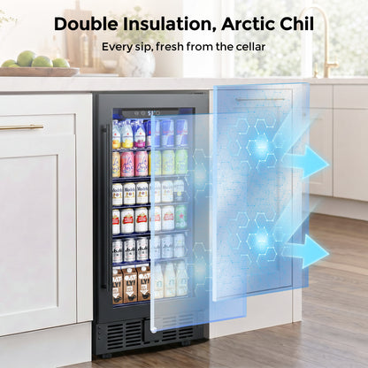 Snowyermine 15 inch Beverage Refrigerator - 2.9 Cu.Ft Built-in or Freestanding Soda & Beer Fridge with Digital Touch Control, Stainless Steel Glass Door & Security Lock