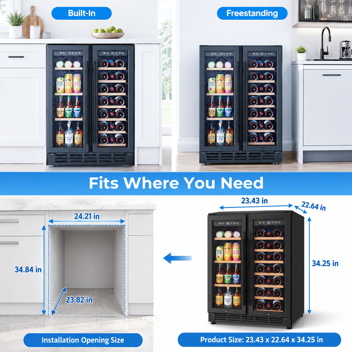 Snowyermine 24 inch Dual Zone Wine & Beverage Refrigerator, Built-in & Freestanding Wine Cooler with Glass French Door, Black for Home or Bar