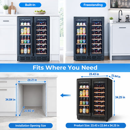Snowyermine 24 inch Dual Zone Wine & Beverage Refrigerator, Built-in & Freestanding Wine Cooler with Glass French Door, Black for Home or Bar