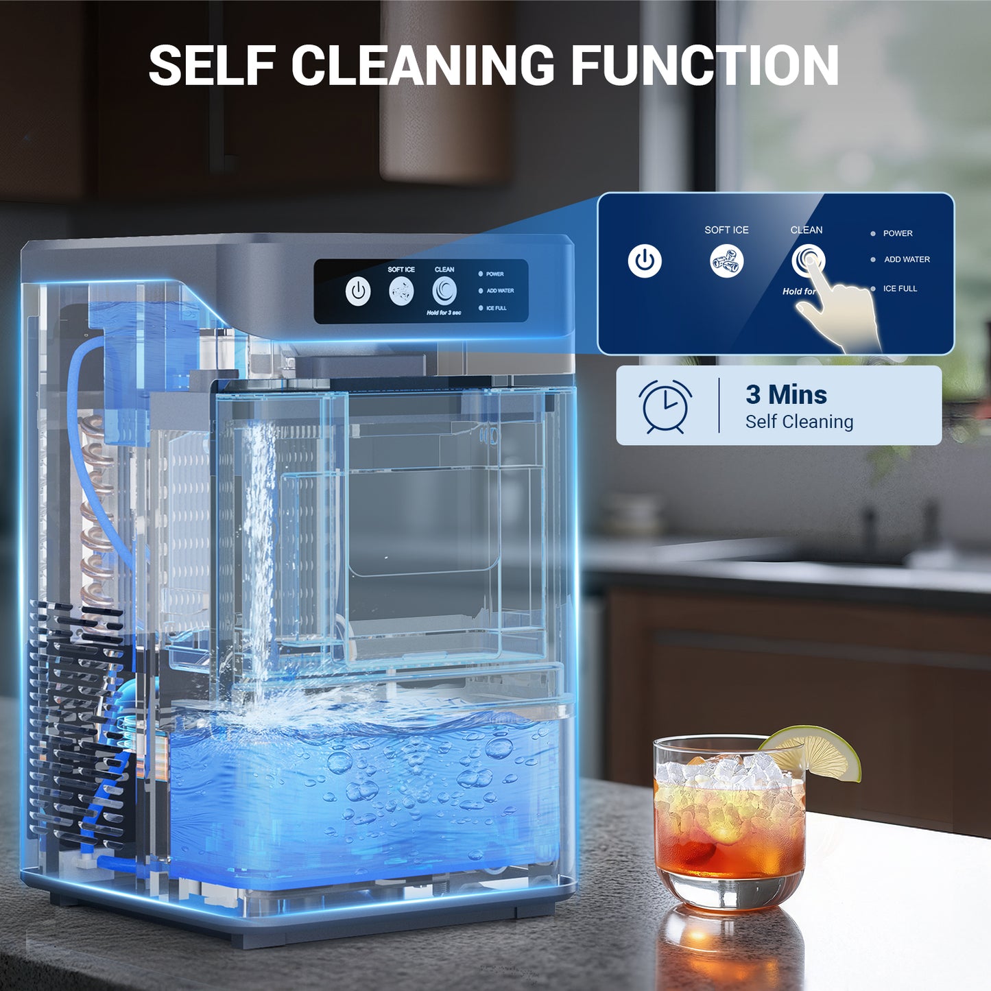 Snowyermine Nugget Ice Maker Countertop with 0.8Gal Built-in Water Tank, 44Lbs/24H, One-Touch Fast Ice in 6 Mins, Self-Cleaning & Ultra Quiet for Home/Office/Party