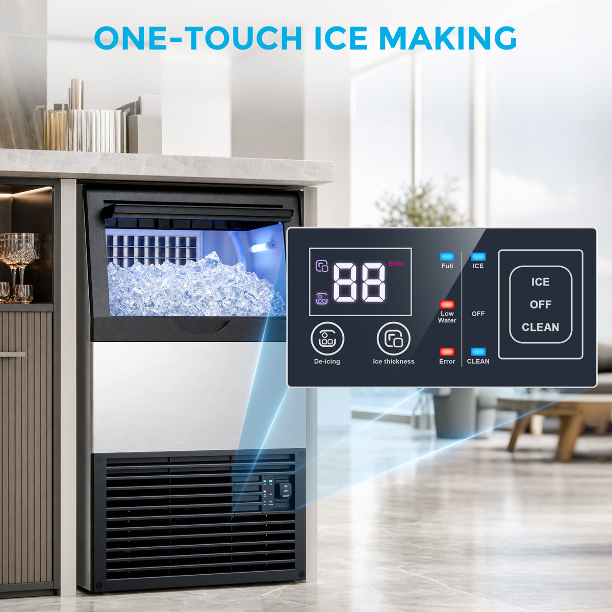 Snowyermine Commercial Undercounter Ice Maker, 100 lb Daily Output with 33 lb Ice Storage, Built-In or Freestanding Ice Machine, Self-Cleaning, Silver