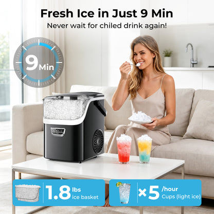 Snowyermine Nugget Ice Maker with Handle, 35lbs/Day Countertop Ice Maker Ready in 5 Mins, Soft Sonic Ice, Auto-Cleaning Ice Makers Portable Ice Machine for Home Kitchen Office Families