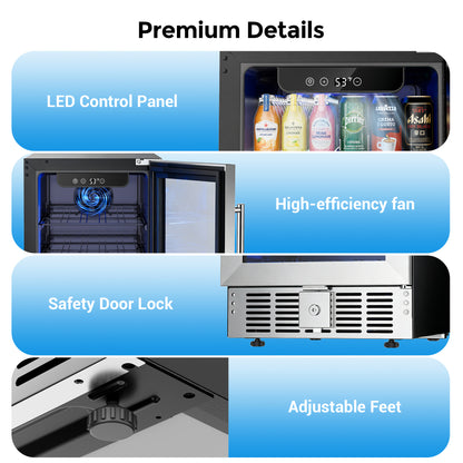 Snowyermine 15 inch Beverage Refrigerator - 2.9 Cu.Ft Built-in or Freestanding Soda & Beer Fridge with Digital Touch Control, Stainless Steel Glass Door & Security Lock