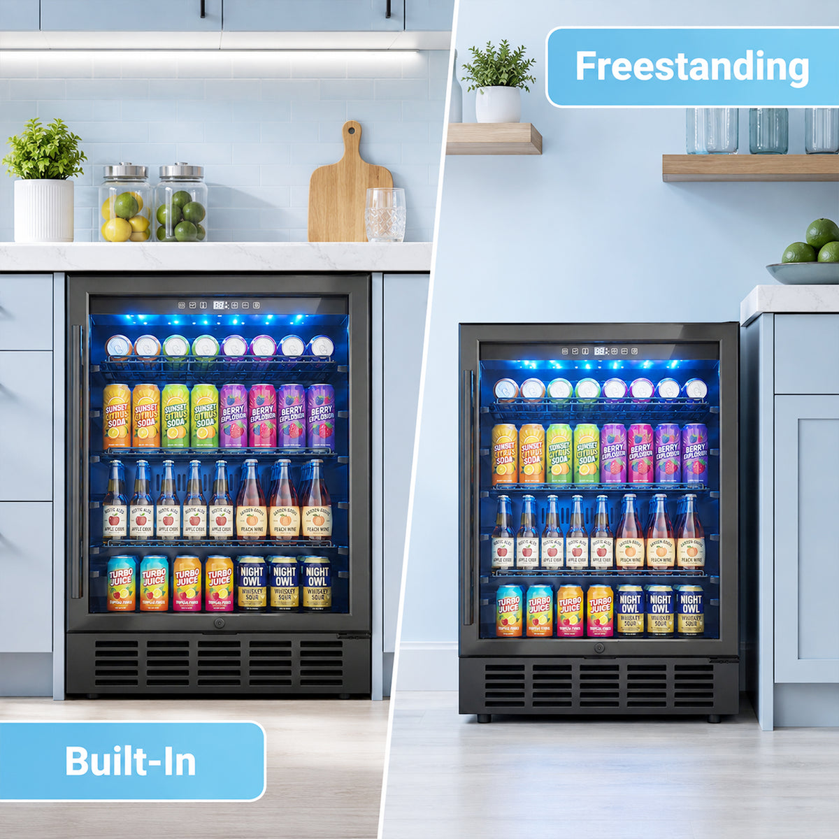 Snowyermine 24 inch Built-In & Freestanding Beverage Refrigerator with Glass Door, Adjustable Temperature Drink Cooler for Home/Office/Bar, Black