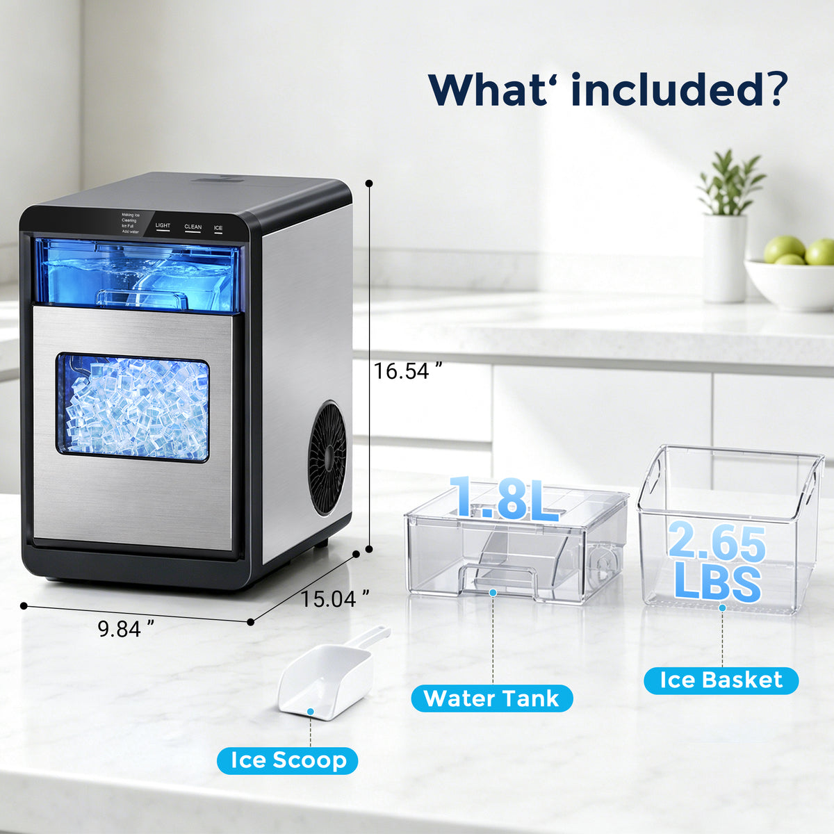 Snowyermine Nugget Ice Maker Countertop, 44 lbs per Day, Soft, Chewable Sonic-Style Pebble Ice, One-Touch Self-Cleaning, Stainless Steel, Silver, for Home, Kitchen, Office, RV and Camping