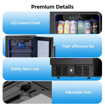 Snowyermine 15 inch Beverage Refrigerator - 2.9 Cu.Ft Built-in or Freestanding Soda & Beer Fridge with Digital Touch Control, Stainless Steel Glass Door & Security Lock
