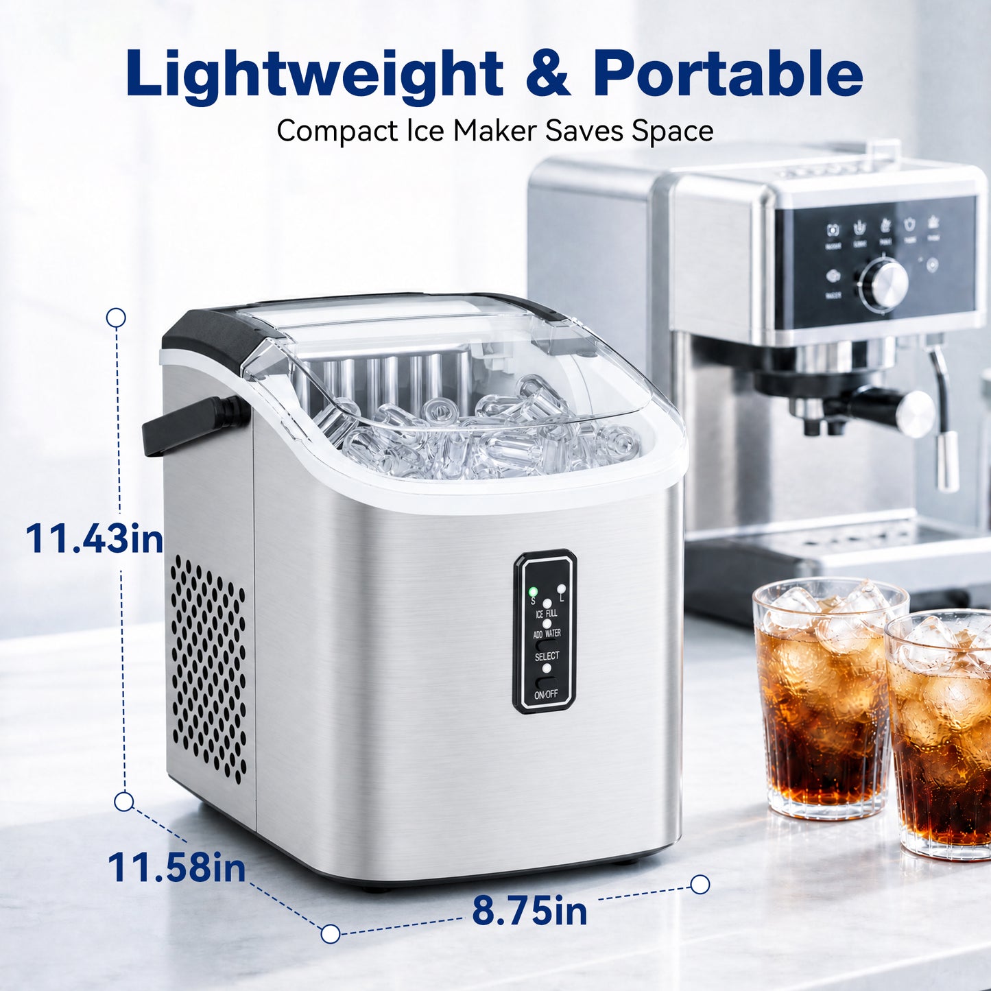 Snowyermine Ice Maker Countertop, 9 Cubes Ready in 6 Mins, 26lbs/24H, Self-Cleaning, Portable Ice Maker Machine with Carry Handle, Basket and Scoop, 2 Sizes of Bullet Ice for Home, Kitchen, Office