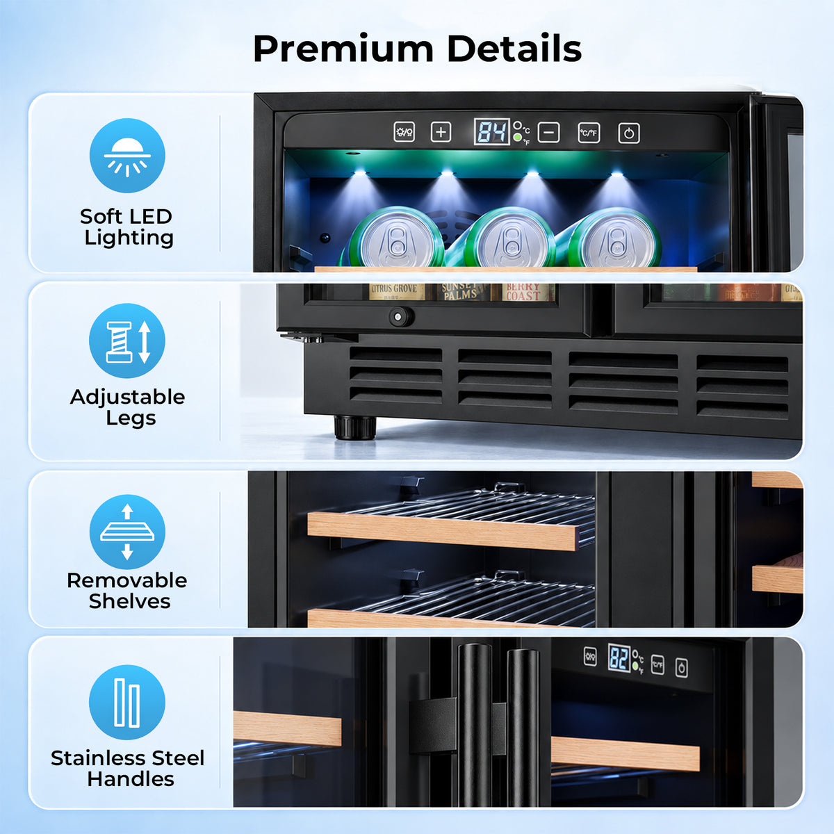 Snowyermine 24 inch Dual Zone Wine & Beverage Refrigerator, Built-in & Freestanding Wine Cooler with Glass French Door, Black for Home or Bar