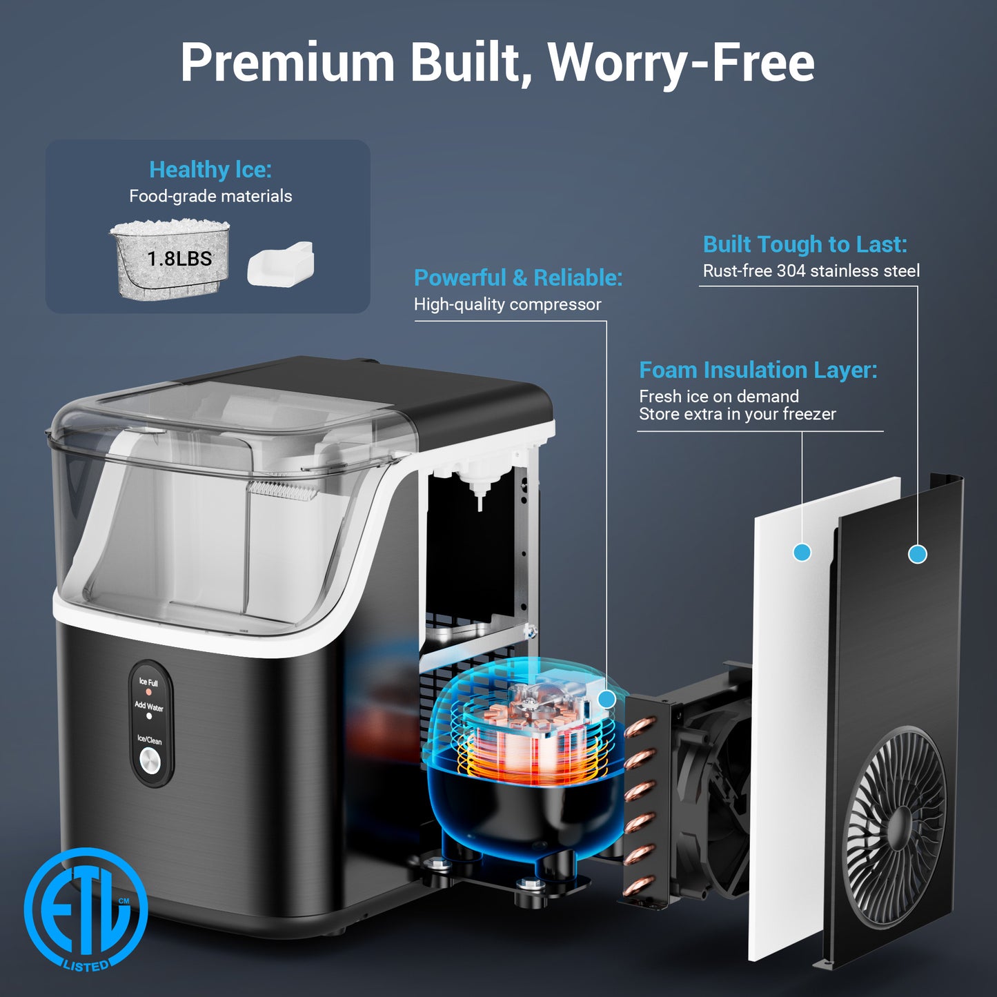 Snowyermine 35lb Nugget Ice Maker Portable Countertop, Pebble Crushed Soft Chewable Ice Maker Machine, Stainless Steel，Black