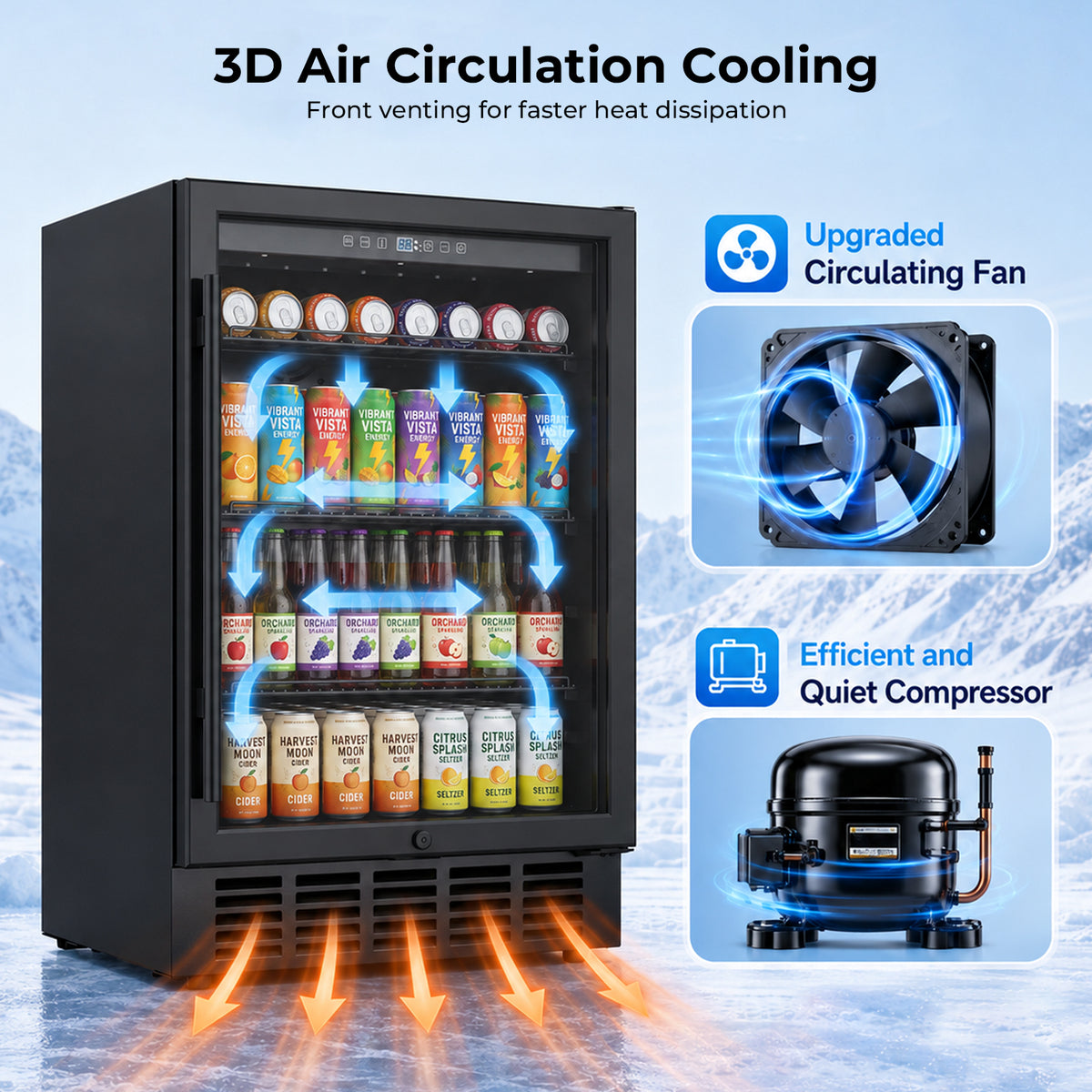 Snowyermine 24 inch Built-In & Freestanding Beverage Refrigerator with Glass Door, Adjustable Temperature Drink Cooler for Home/Office/Bar, Black
