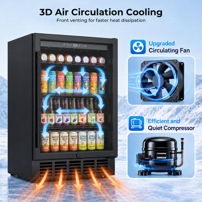 Snowyermine 24 inch Built-In & Freestanding Beverage Refrigerator with Glass Door, Adjustable Temperature Drink Cooler for Home/Office/Bar, Black