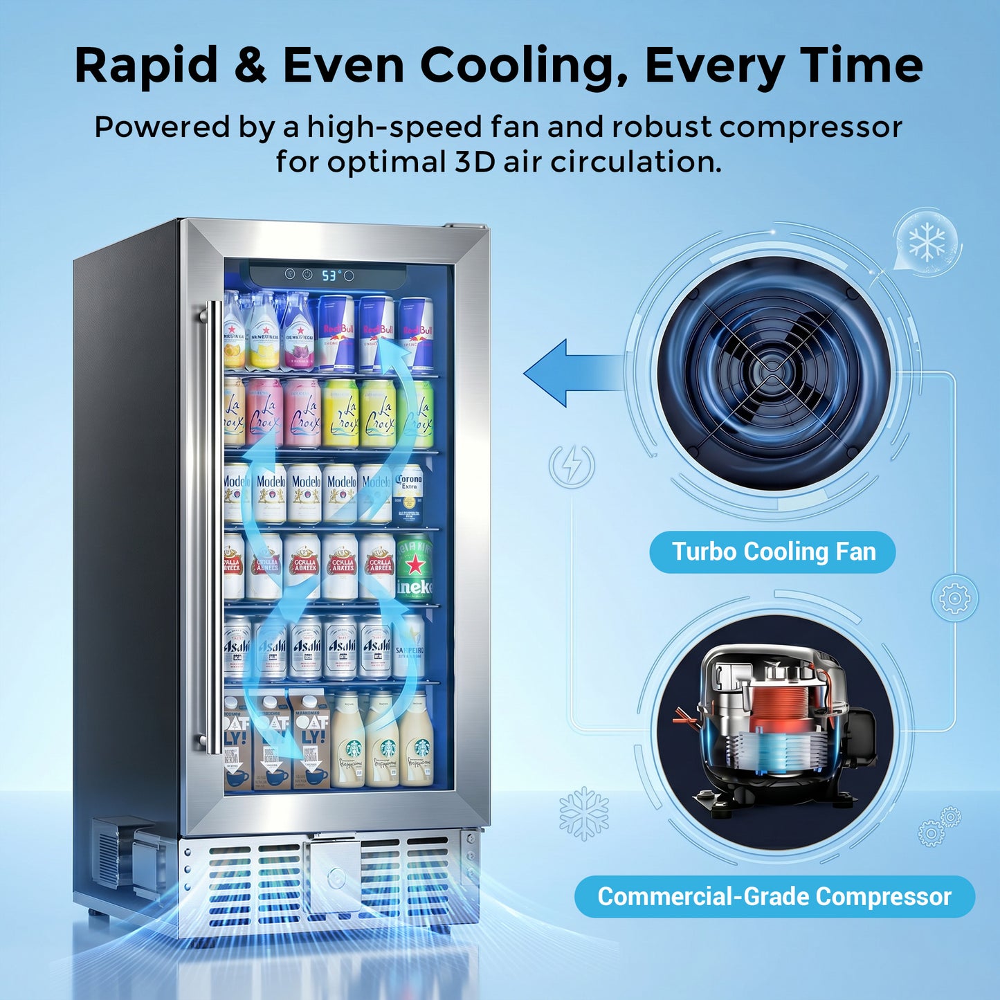 Snowyermine 15 inch Beverage Refrigerator - 2.9 Cu.Ft Built-in or Freestanding Soda & Beer Fridge with Digital Touch Control, Stainless Steel Glass Door & Security Lock