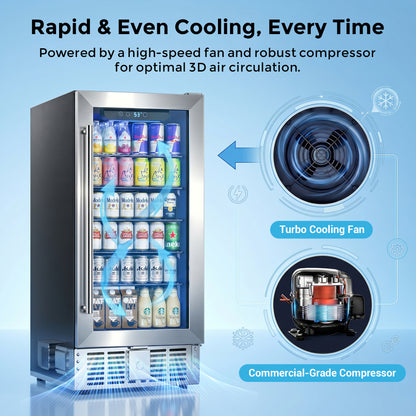 Snowyermine 15 inch Beverage Refrigerator - 2.9 Cu.Ft Built-in or Freestanding Soda & Beer Fridge with Digital Touch Control, Stainless Steel Glass Door & Security Lock