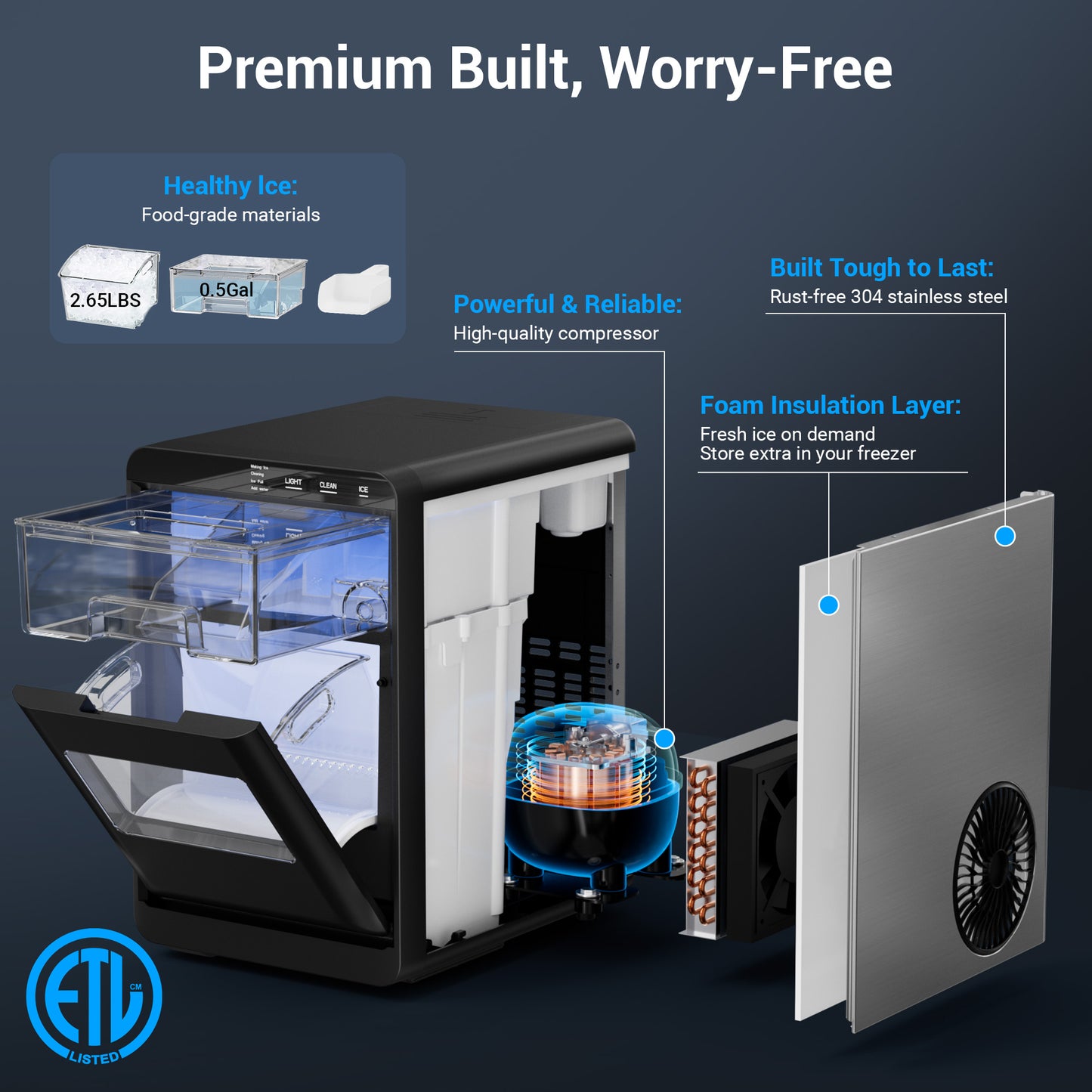 Snowyermine Countertop Nugget Ice Maker, 44 lbs/Day, Chewable Pebble Ice Machine with Self-Cleaning, for Home, Kitchen and Office, Stainless Steel Silver