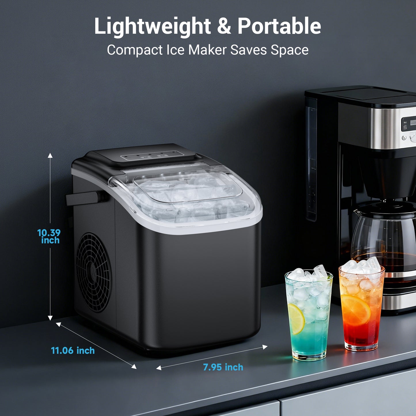 Snowyermine Countertop Ice Maker with Handle,Portable Ice Machine with Basket and Scoop, 8 Bullet Ice In 6 Mins, 26Lbs/24H, Self-Cleaning