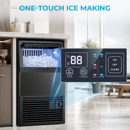 Snowyermine Commercial Ice Maker, 100 lbs/24H, Built-In & Freestanding, 33 lb Storage Bin, 6 Ice Thickness Levels, Black