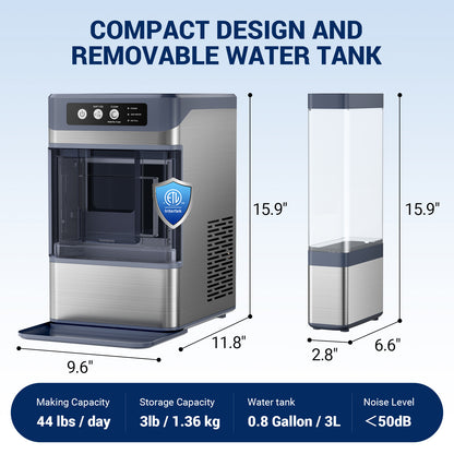 Snowyermine Nugget Ice Maker Countertop with 4.1L Water Tank, 44Lbs/24H, One-Touch Fast Ice in 6 Mins, Self-Cleaning & Ultra Quiet for Home/Office/Party