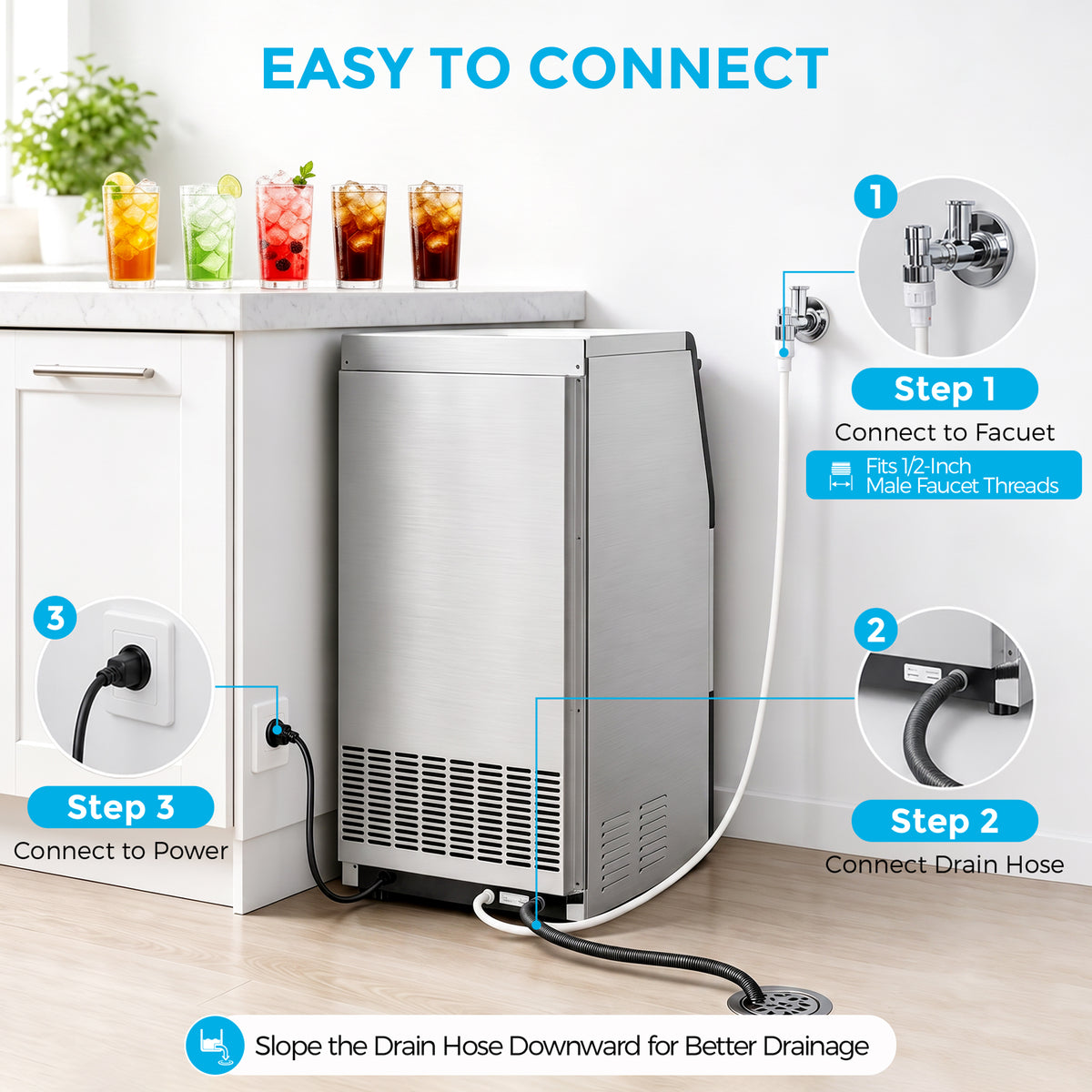 Snowyermine Commercial Undercounter Ice Maker, 100 lb Daily Output with 33 lb Ice Storage, Built-In or Freestanding Ice Machine, Self-Cleaning, Silver