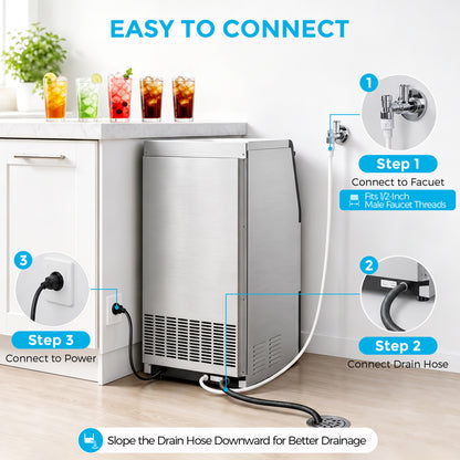 Snowyermine Commercial Undercounter Ice Maker, 100 lb Daily Output with 33 lb Ice Storage, Built-In or Freestanding Ice Machine, Self-Cleaning, Silver