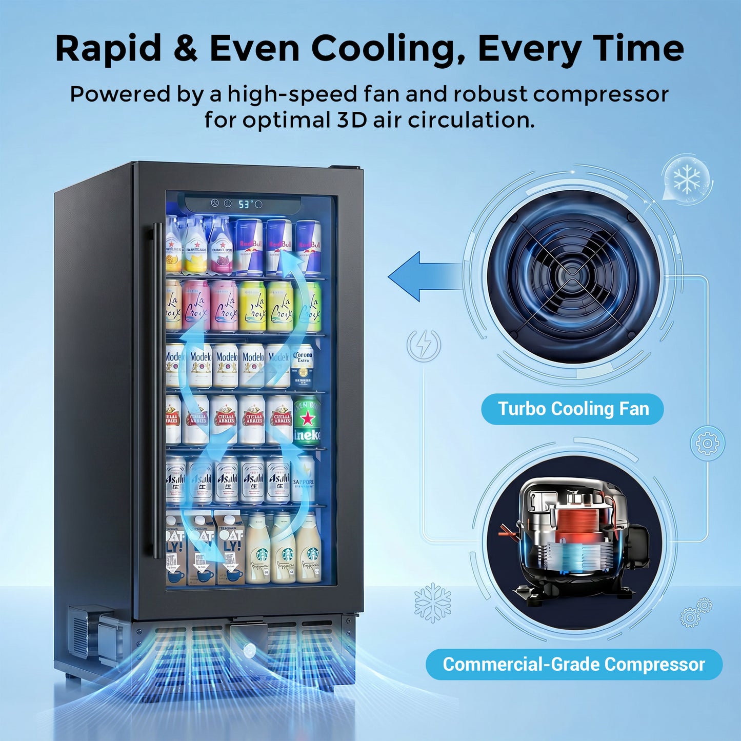 Snowyermine 15 inch Beverage Refrigerator - 2.9 Cu.Ft Built-in or Freestanding Soda & Beer Fridge with Digital Touch Control, Stainless Steel Glass Door & Security Lock