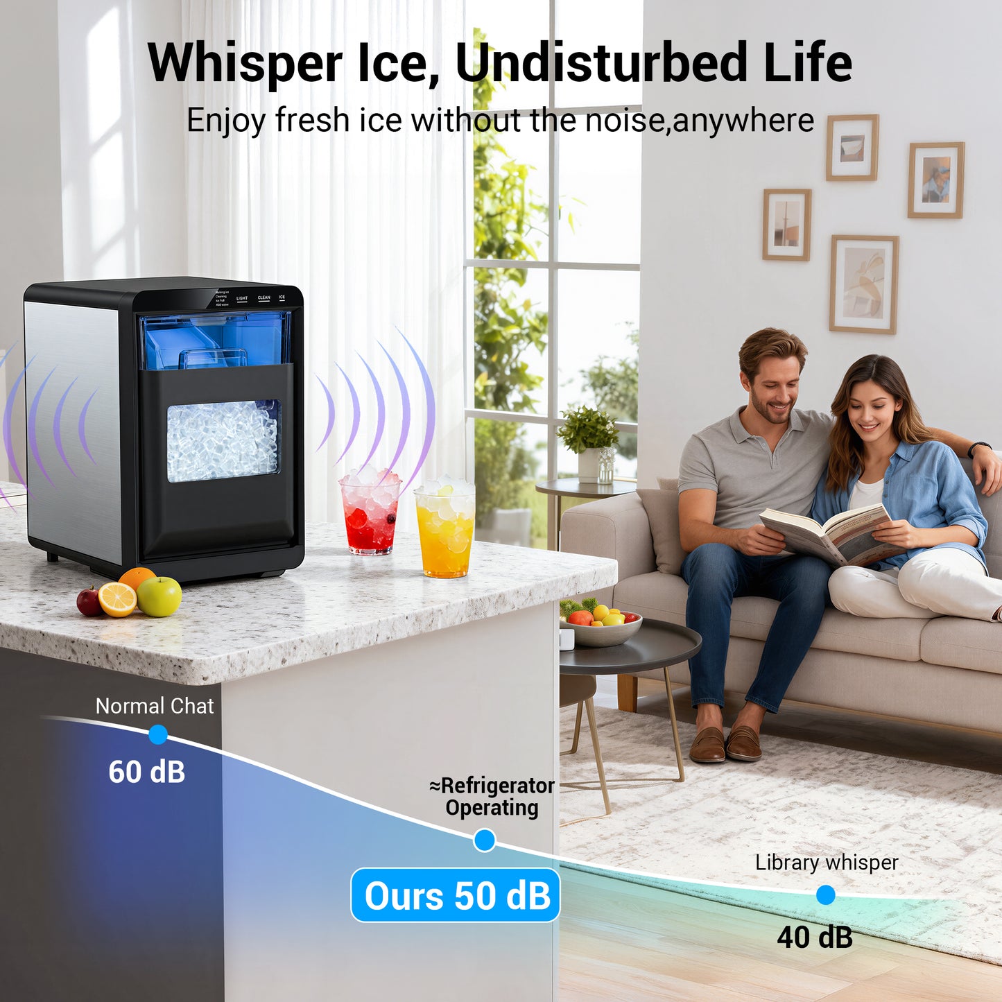 Snowyermine Countertop Nugget Ice Maker, 44 lbs/Day, Chewable Pebble Ice Machine with Self-Cleaning, for Home, Kitchen and Office, Stainless Steel Silver