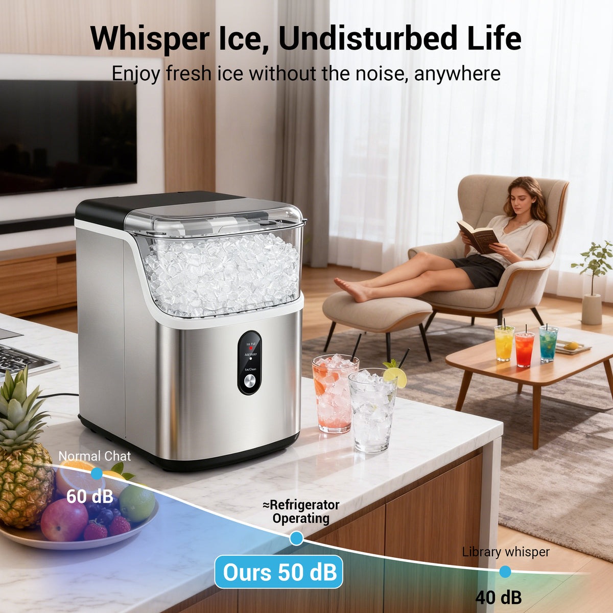 Snowyermine Nugget Ice Maker Countertop, 35 lbs per Day, Soft, Chewable Sonic-Style Pebble Ice, One-Touch Self-Cleaning, Stainless Steel, Silver, for Home, Kitchen, Office, RV and Camping