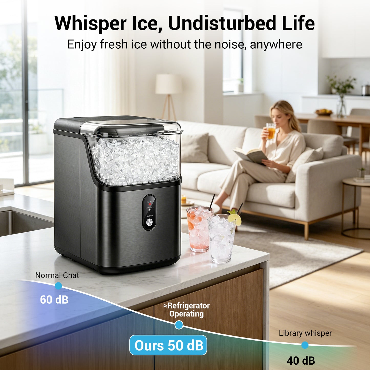 Snowyermine 35lb Nugget Ice Maker Portable Countertop, Pebble Crushed Soft Chewable Ice Maker Machine, Stainless Steel，Black