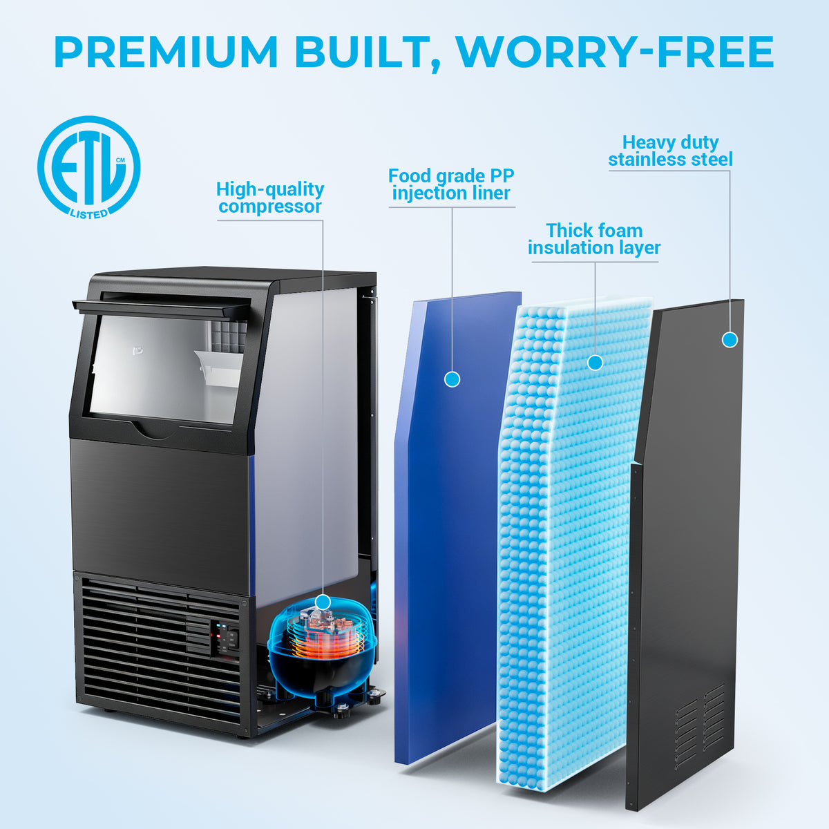 Snowyermine Commercial Ice Maker, 100 lbs/24H, Built-In & Freestanding, 33 lb Storage Bin, 6 Ice Thickness Levels, Black