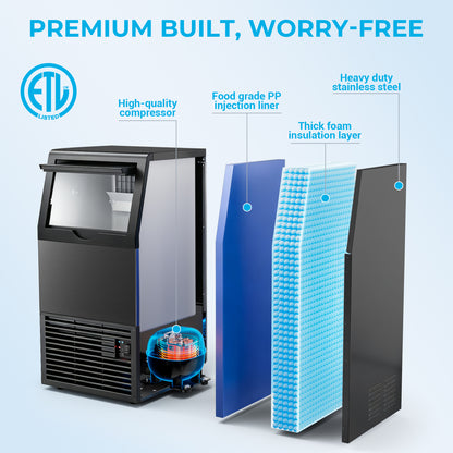 Snowyermine Commercial Ice Maker, 100 lbs/24H, Built-In & Freestanding, 33 lb Storage Bin, 6 Ice Thickness Levels, Black