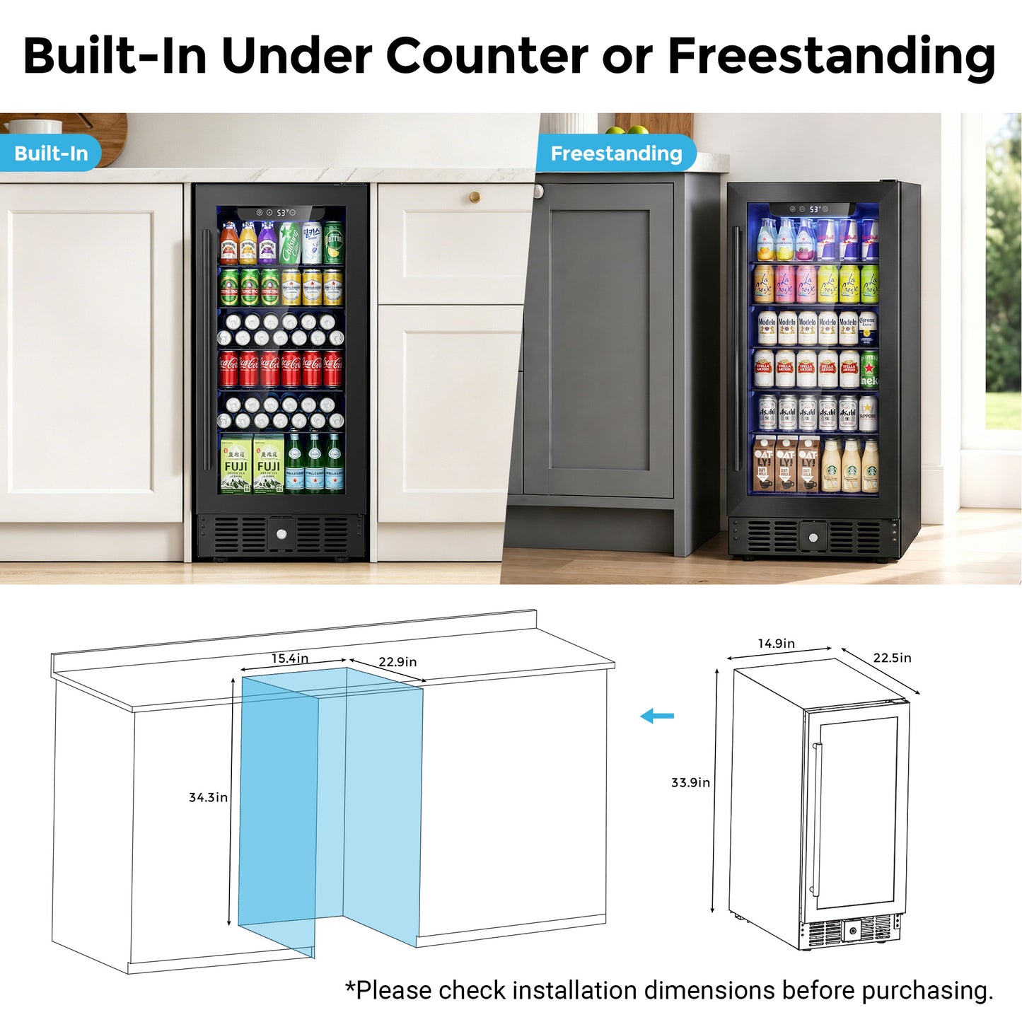 Snowyermine 15 inch Beverage Refrigerator - 2.9 Cu.Ft Built-in or Freestanding Soda & Beer Fridge with Digital Touch Control, Stainless Steel Glass Door & Security Lock