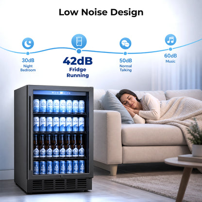 Snowyermine 24 inch Built-In & Freestanding Beverage Refrigerator with Glass Door, Adjustable Temperature Drink Cooler for Home/Office/Bar, Black