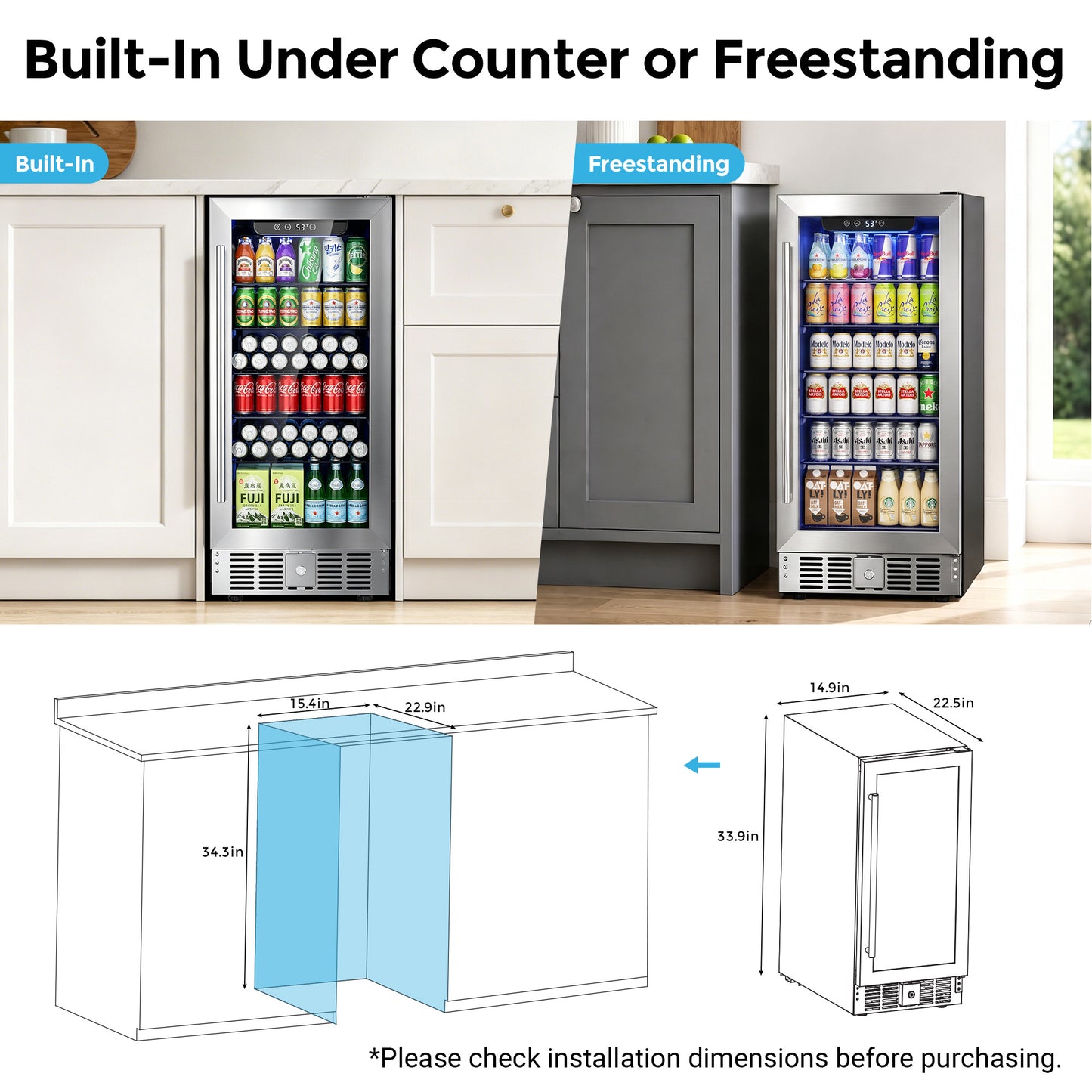Snowyermine 15 inch Beverage Refrigerator - 2.9 Cu.Ft Built-in or Freestanding Soda & Beer Fridge with Digital Touch Control, Stainless Steel Glass Door & Security Lock