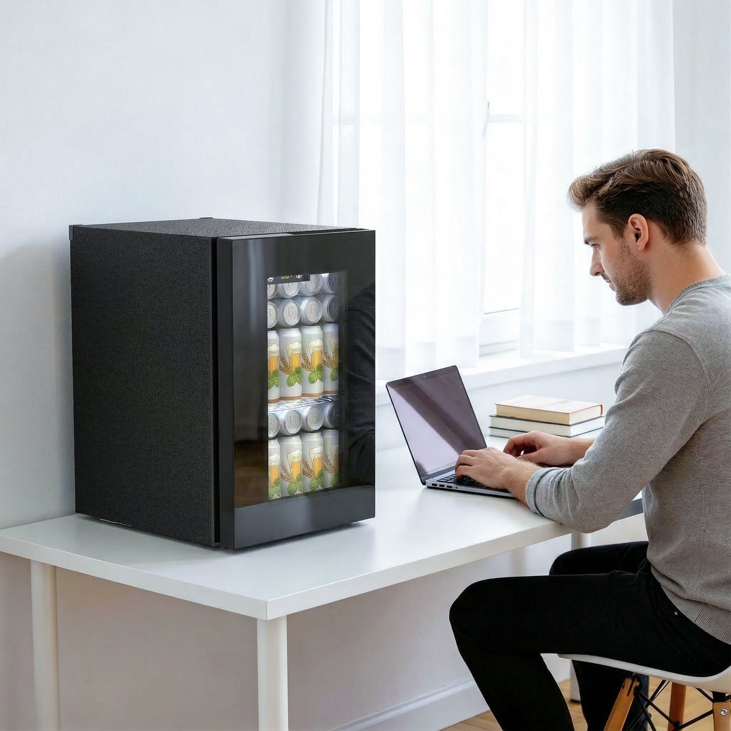 Snowyermine 24 Cans Mini Beverage Refrigerator & Portable Wine Cooler Refrigerator with Glass Door, Mini Countertop Wine Fridge for Home/Office/Bar,Black