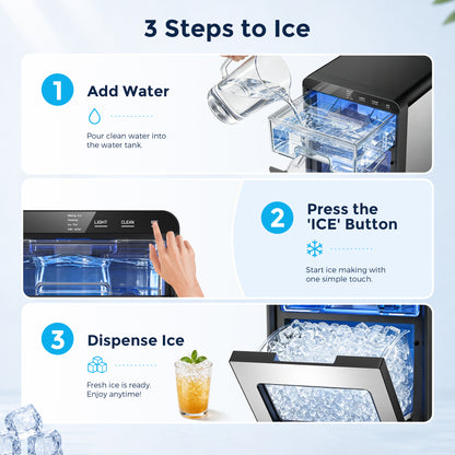 Snowyermine Nugget Ice Maker Countertop, 44 lbs per Day, Soft, Chewable Sonic-Style Pebble Ice, One-Touch Self-Cleaning, Stainless Steel, Silver, for Home, Kitchen, Office, RV and Camping