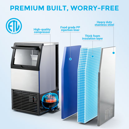 Snowyermine Commercial Undercounter Ice Maker, 100 lb Daily Output with 33 lb Ice Storage, Built-In or Freestanding Ice Machine, Self-Cleaning, Silver