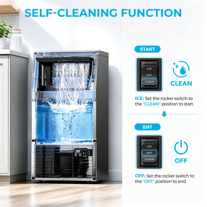 Snowyermine Commercial Ice Maker, 100 lbs/24H, Built-In & Freestanding, 33 lb Storage Bin, 6 Ice Thickness Levels, Black