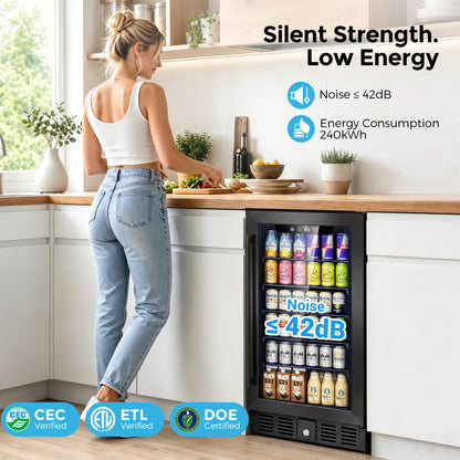 Snowyermine 15 inch Beverage Refrigerator - 2.9 Cu.Ft Built-in or Freestanding Soda & Beer Fridge with Digital Touch Control, Stainless Steel Glass Door & Security Lock