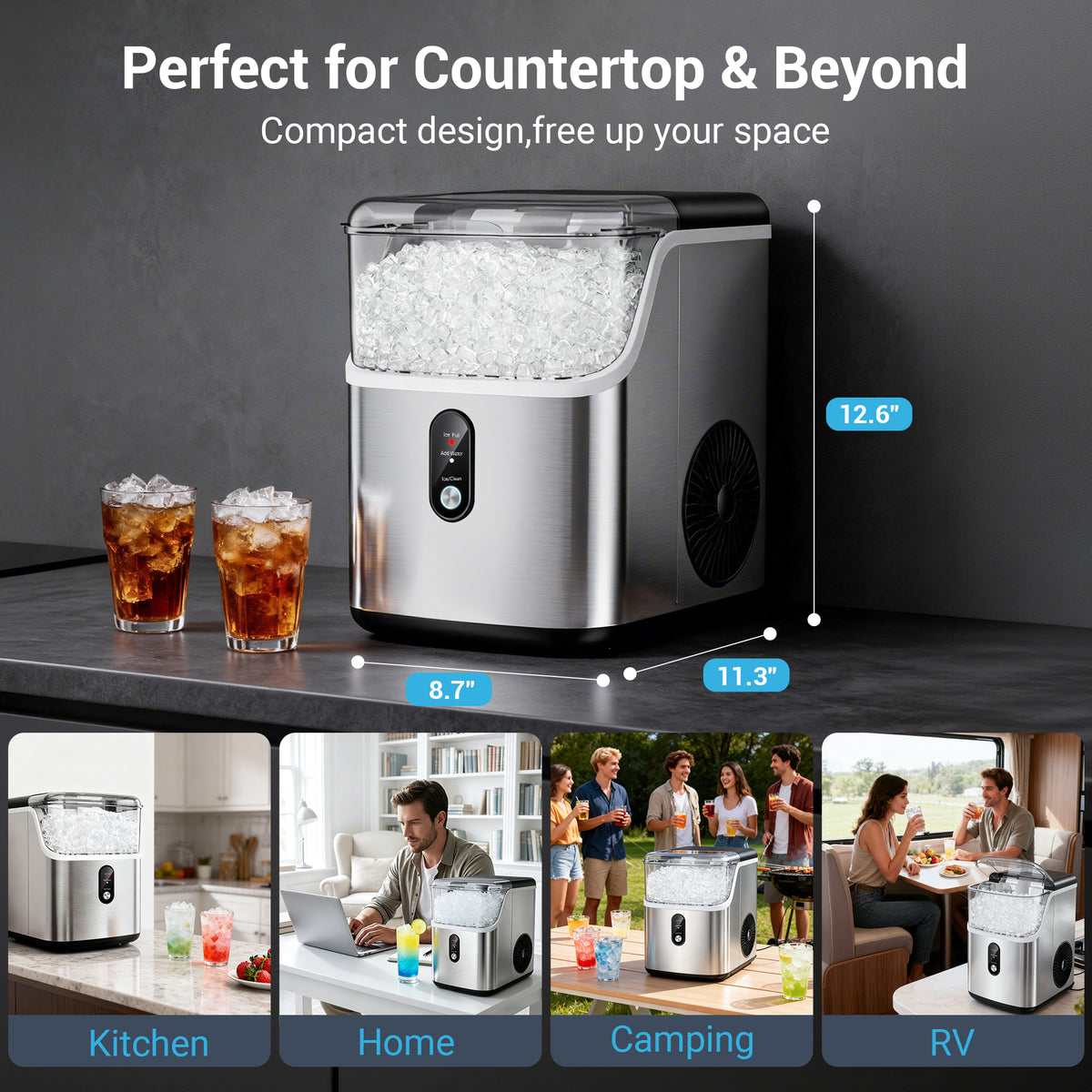 Snowyermine Nugget Ice Maker Countertop, 35 lbs per Day, Soft, Chewable Sonic-Style Pebble Ice, One-Touch Self-Cleaning, Stainless Steel, Silver, for Home, Kitchen, Office, RV and Camping