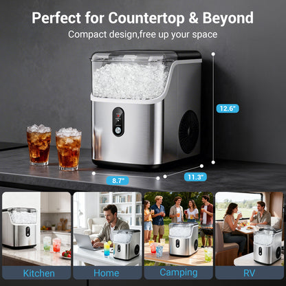 Snowyermine Nugget Ice Maker Countertop, 35 lbs per Day, Soft, Chewable Sonic-Style Pebble Ice, One-Touch Self-Cleaning, Stainless Steel, Silver, for Home, Kitchen, Office, RV and Camping