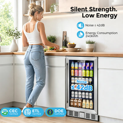Snowyermine 15 inch Beverage Refrigerator - 2.9 Cu.Ft Built-in or Freestanding Soda & Beer Fridge with Digital Touch Control, Stainless Steel Glass Door & Security Lock