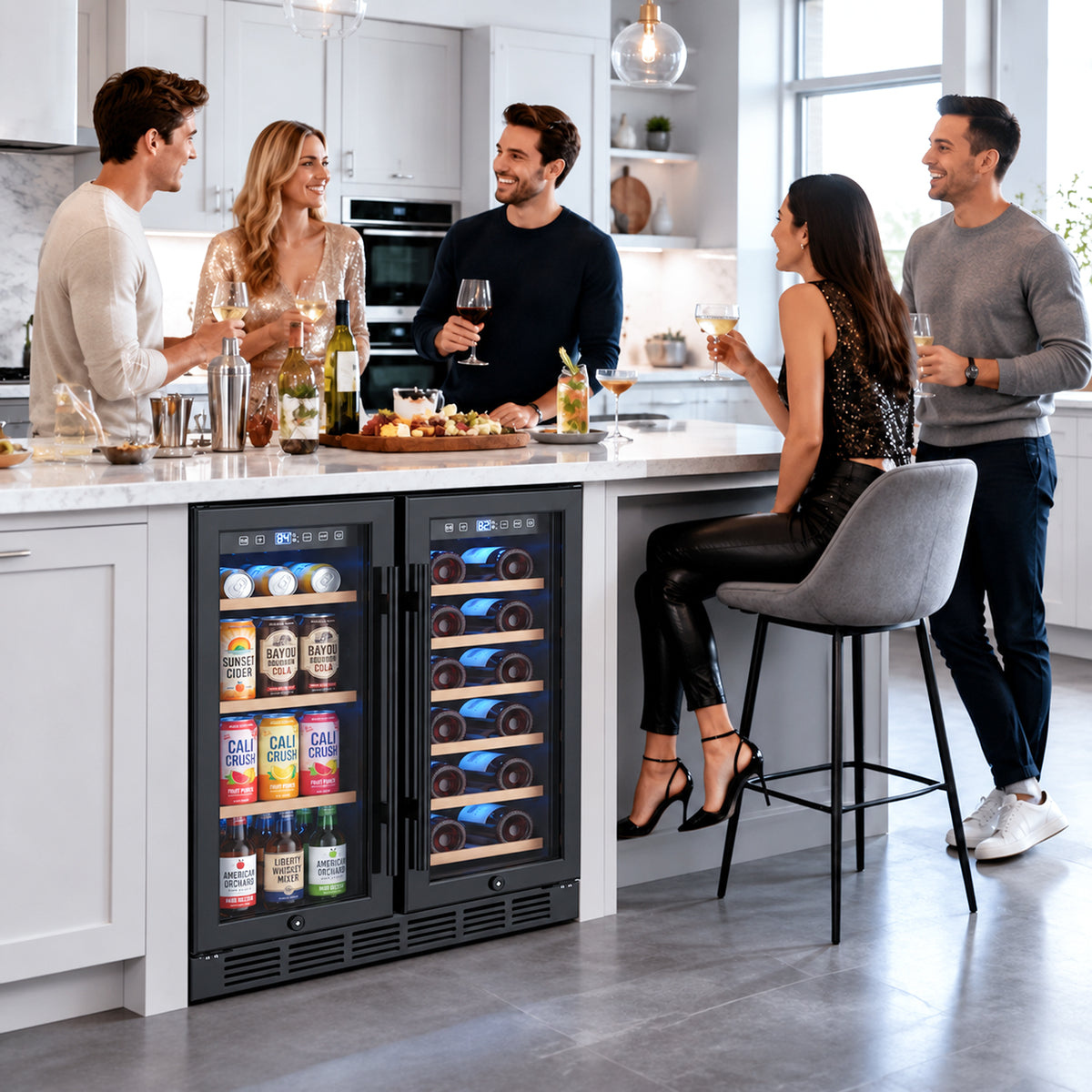 Snowyermine 24 inch Dual Zone Wine & Beverage Refrigerator, Built-in & Freestanding Wine Cooler with Glass French Door, Black for Home or Bar